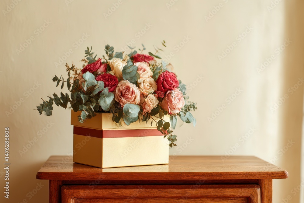 Gift box with bouquet of beautiful roses and eucalyptus branches on wooden nightstand against beige background