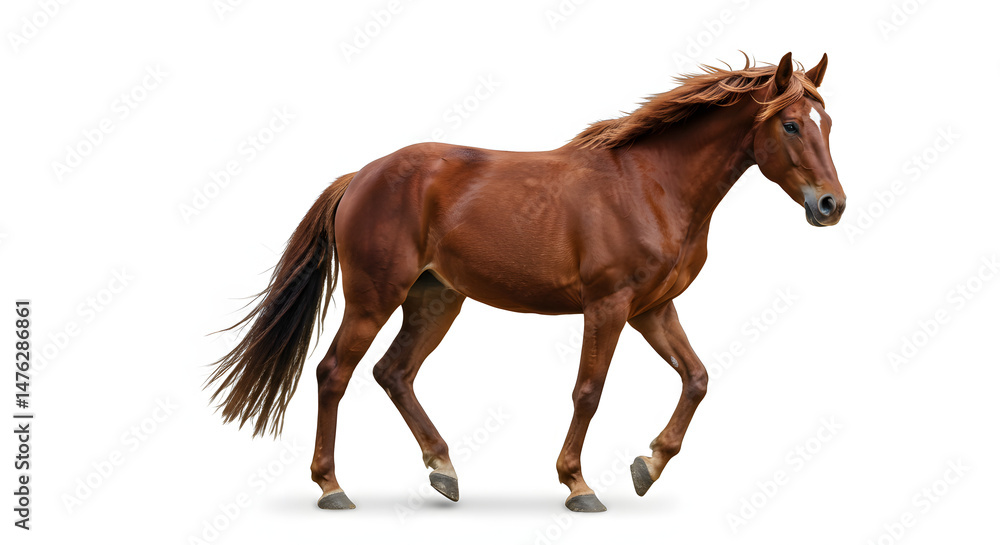 Obraz premium Majestic Chestnut Horse Walking on White Background