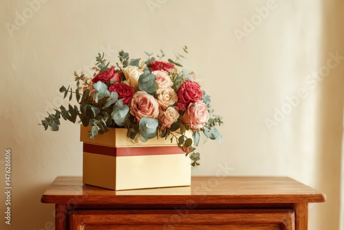 Obraz na płótnie Gift box with bouquet of beautiful roses and eucalyptus branches on wooden nightstand against beige background w salonie