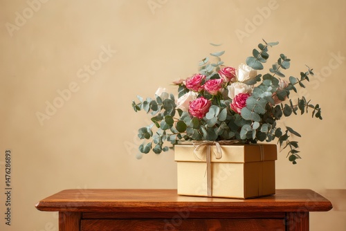 Obraz na płótnie Gift box with bouquet of beautiful roses and eucalyptus branches on wooden nightstand against beige background w salonie