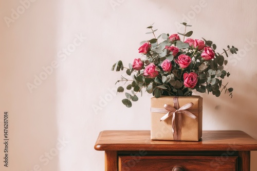 Gift box with bouquet of beautiful roses and eucalyptus branches on wooden nightstand against beige background