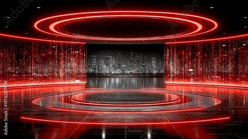 Red Neon Cityscape Stage Futuristic Event Background.