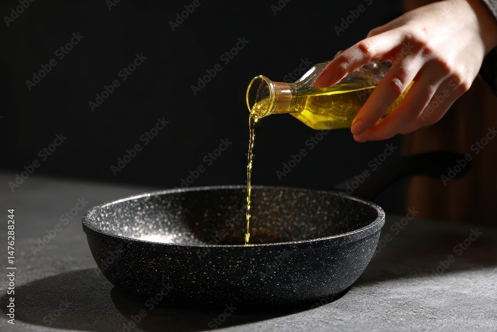 Woman pouring oil into frying pan at dark gray textured table against black background