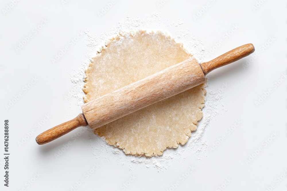 Cooking homemade pie. Raw dough and rolling pin on white background