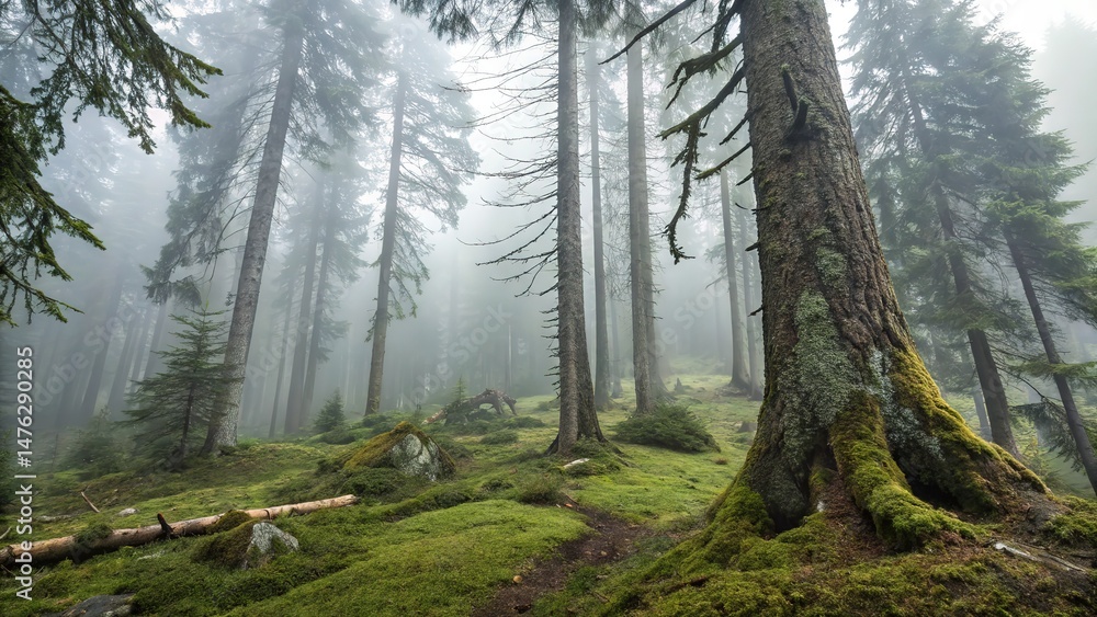 Fototapeta premium Misty Forest of Towering Trees with Lush Green Moss and Ground Cover