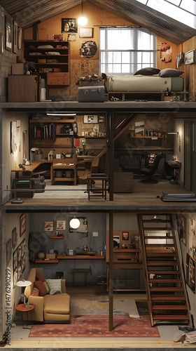 Multi level interior design showing living spaces