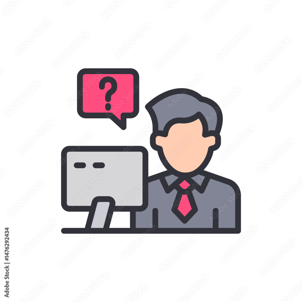 Confused Businessman With Question Mark At Computer In Office Illustration Confused Businessman With Question Mark At Computer In Office Illustration
