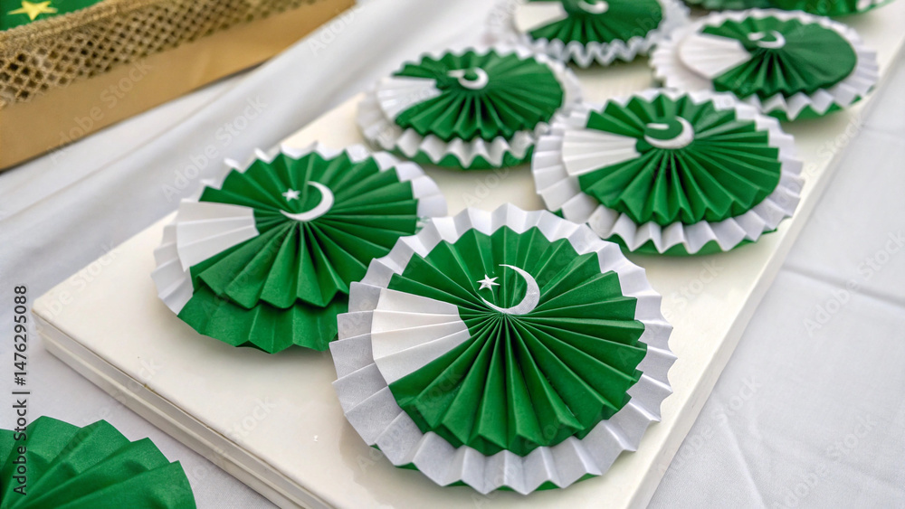 Obraz premium Pakistan independence day decorations green and white paper crafts patriotic celebration diy projects 14 august