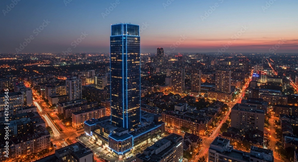 Fototapeta premium Showcasing urban development, the tall skyscraper illuminated in blue commands attention in the extensive cityscape under a colorful twilight sky