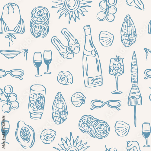 Hand drawn doodle summer vacation seamless pattern