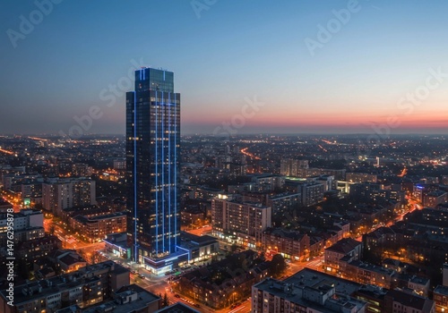 Wallpaper Mural Captured at twilight, the prominent skyscraper with its clean lines and blue lighting stands out amidst the vast network of city lights Torontodigital.ca