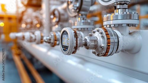detailed view of gas analyzer units in a refinery lab environment, digital screens, warning indicators, control buttons, metallic panels, and connected sample lines