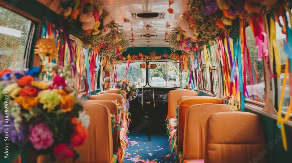 Obraz premium Vibrant Floral Decorated Wedding Bus