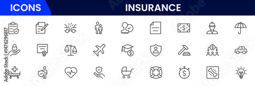 Insurance and assurance icon set. Containing healthcare medical, life, car, home, travel insurance icons.