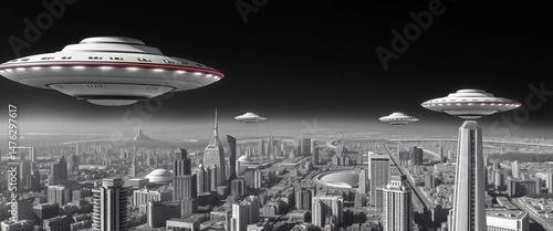 Retrofuturistic flying saucers hover over a sprawling black and white cityscape, retrofuturism,  wonder
