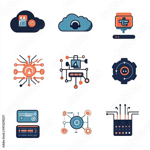 Pixelated Technology Icons Set Featuring Cloud Ai and Blockchain on White Background in Retro Pixel Art Style with Blue and Orange Hues and Data Processing Concepts
