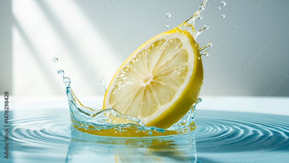 Splash effect with a juicy lemon slice hitting water, captured mid-motion with vibrant detail