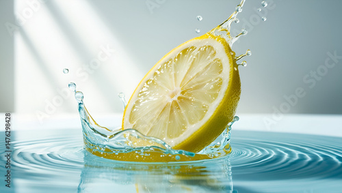 Obraz na płótnie Splash effect with a juicy lemon slice hitting water, captured mid-motion with vibrant detail w salonie