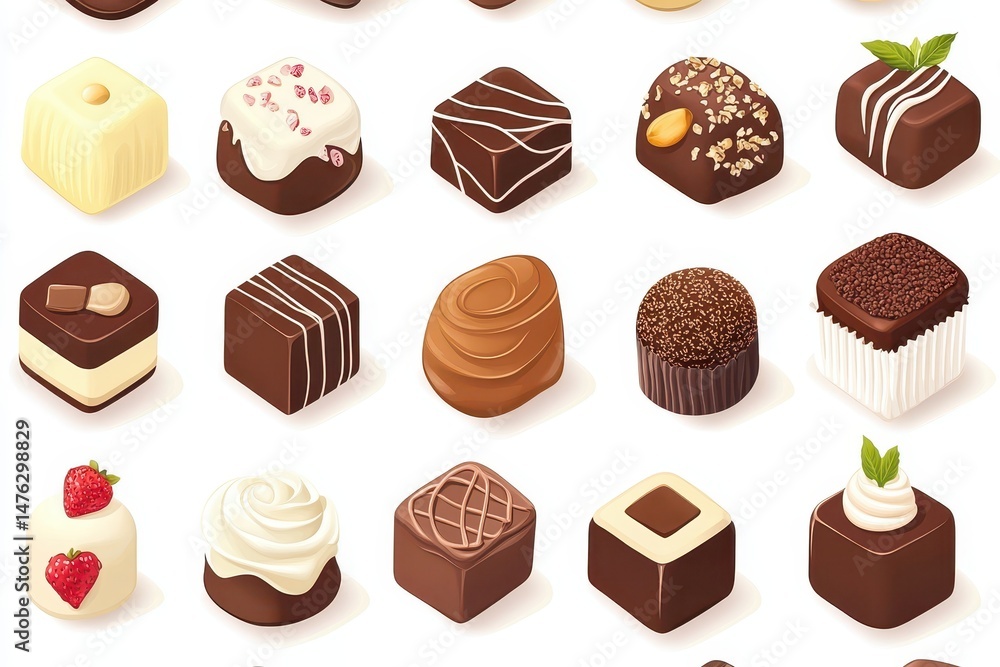 Assorted chocolate delicacies. A variety of chocolate truffles, bonbons, and squares in various shapes, colors, and fillings. Detailed illustrations showcasing intricate designs and textures Assorted chocolate delicacies. A variety of chocolate truffles, bonbons, and squares in various shapes, colors, and fillings. Detailed illustrations showcasing intricate designs and textures