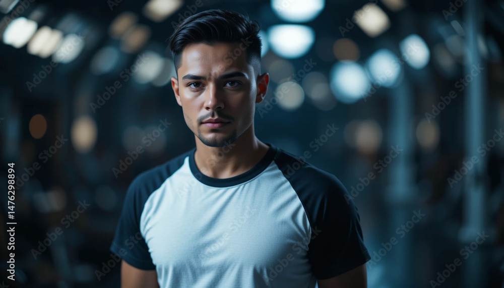 Fototapeta premium Serious Man in Training Apparel Posing Against Dark Bokeh Background