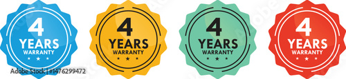 4 Year Warranty Label. Icon, logo, insignia, seal, tag, sign, symbol, badge, stamp, sticker, emblem, banner. 4 Year Warranty set, vector illustration.