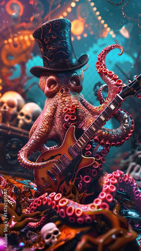 Obraz premium An octopus in a top hat and monocle strums an electric guitar, surrounded by blurred clowns in colorful costumes, in a whimsical flat design vector art scene.