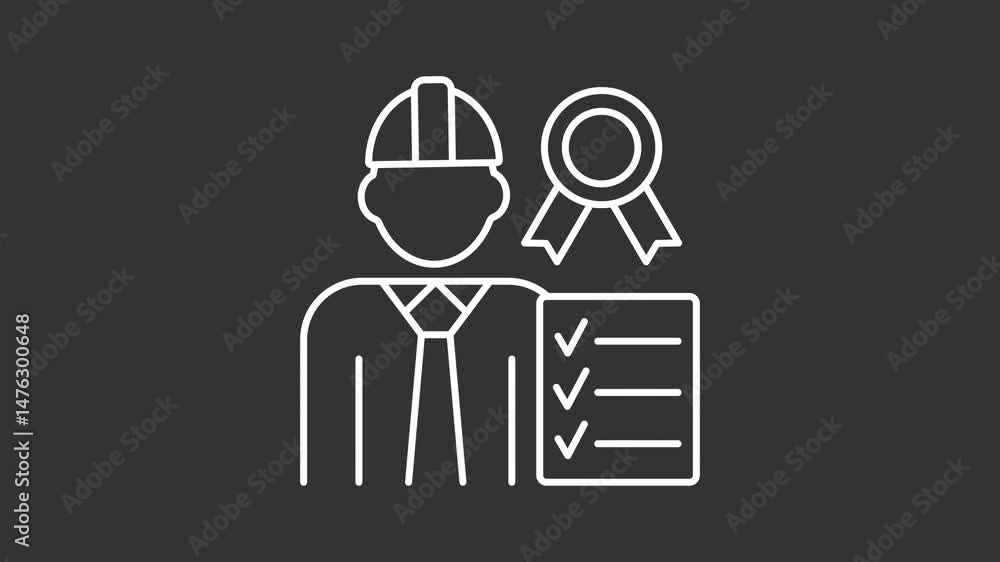 Quality control manager white line animation. QA specialist animated icon. Shaking head, moving ribbon. Scaling checkmarks. Isolated element on dark background. Alpha transparent video Quality control manager white line animation. QA specialist animated icon. Shaking head, moving ribbon. Scaling checkmarks. Isolated element on dark background. Alpha transparent video