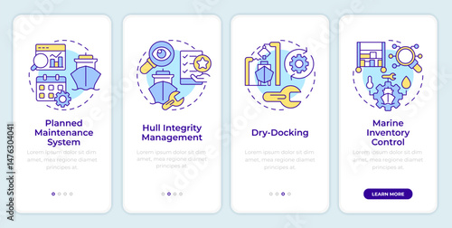 Technical ship management onboarding mobile app screen. Logistics. Walkthrough 4 steps editable graphic instructions with linear concepts. UI, UX, GUI. Montserrat SemiBold, Regular fonts used