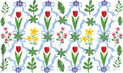 Floral trellis seamless pattern with bows and ribbons. Preppy spring summer hand drawn flowers. Botanical elegant trendy print. Vintage design for fabric, wallpaper or wrapping paper.