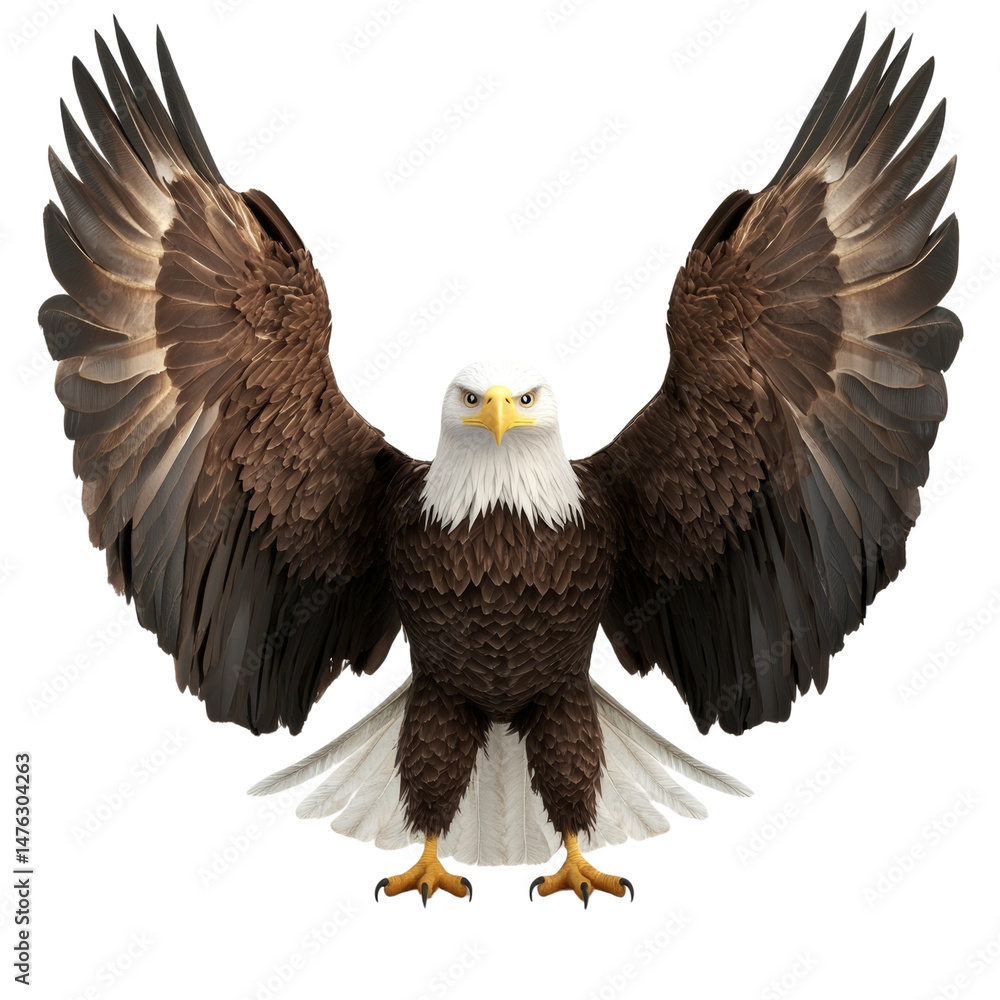 Fototapeta premium Majestic bald eagle with expansive wings in striking front view presentation, on an open layout