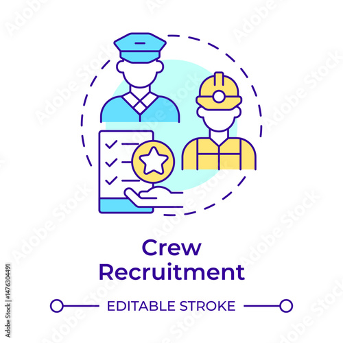 Crew recruitment multi color concept icon. Hiring competent and certified seafarers. Maritime staff management. Round shape line illustration. Abstract idea. Graphic design. Easy to use in booklet