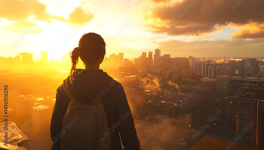 Fototapeta premium A person standing on a rooftop or high point, overlooking a modern American city at golden hour the person is seen from behind, arms relaxed, wearing casual urban clothes