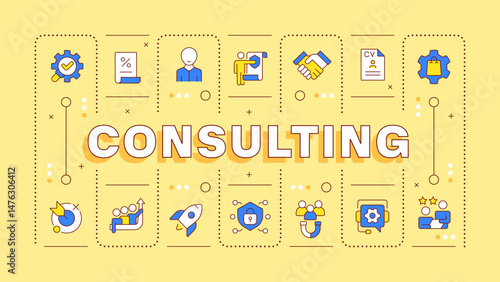 Consulting yellow word concept. Tax management, control. Teamwork organization, cybersecurity. Typography banner. Vector illustration with title text, editable icons color. Hubot Sans font used