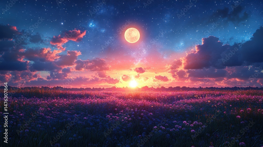 Naklejka premium Stunning display of multi-coloured Tien Shan dandelions under a starry night sky with a crescent moon