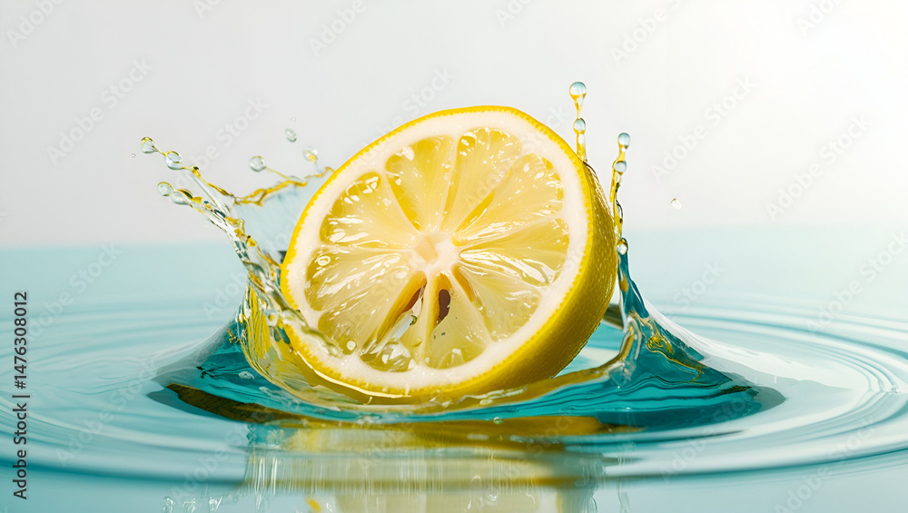 Fresh lemon slice splashing into clear water, emphasizing motion and citrus freshness