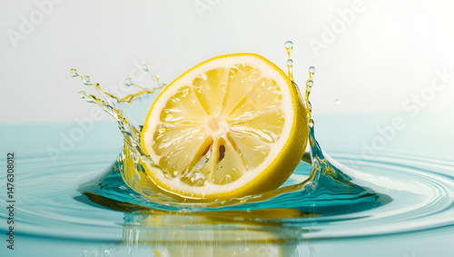 Obraz na płótnie Fresh lemon slice splashing into clear water, emphasizing motion and citrus freshness w salonie