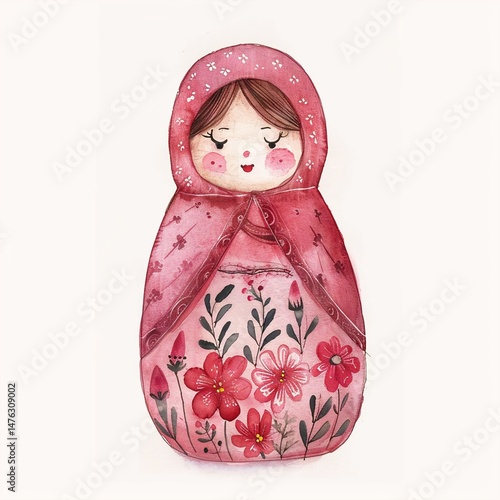 A charming watercolor illustration of a traditional Russian matryoshka doll in vibrant pink attire, smiling warmly at the viewer.