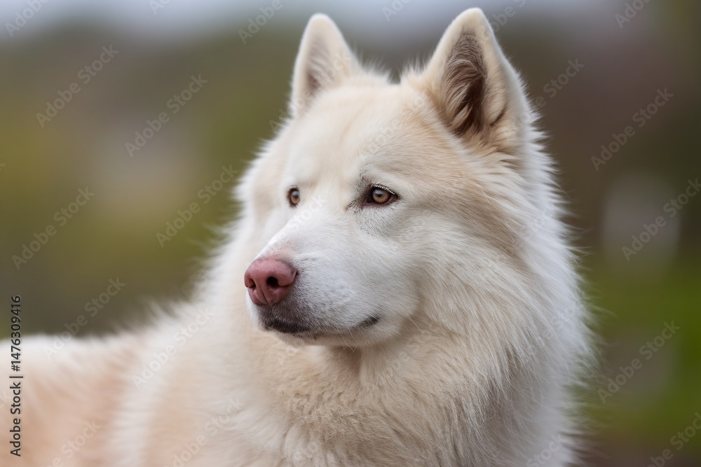 Fototapeta premium A majestic white male Siberian Husky with striking eyes, looking thoughtfully into the distance.