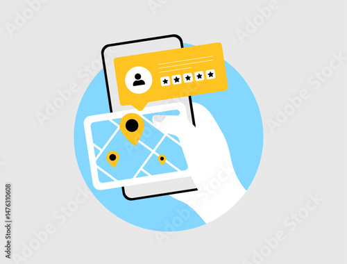 Micro-influencer discovery via map interface. Smart map tool showing local influencers near points of interest, with review snippets and social media handles for targeted marketing illustration