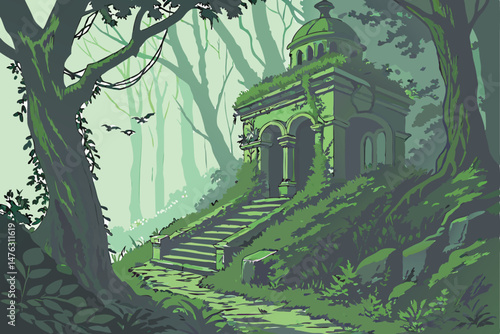 33 mystical lush green overgrown ruins, dense forest, cascading vines, dense foliage, magical atmosphere, cinematic lighting, detailed, photorealistic