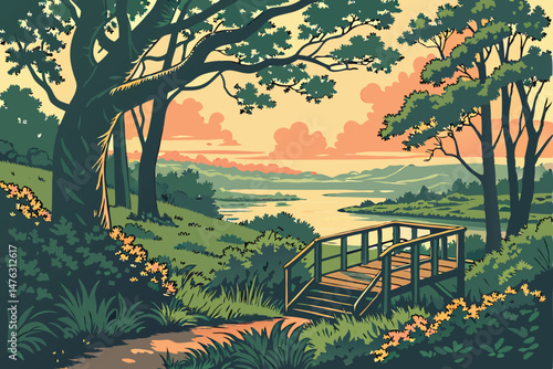 34 mystical forest pathway,lush green foliage,tranquil pond,wooden deck overlooking scenic vista,dramatic sunset sky,photorealistic,8k detailed