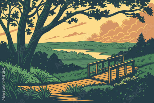 34 mystical forest pathway,lush green foliage,tranquil pond,wooden deck overlooking scenic vista,dramatic sunset sky,photorealistic,8k detailed