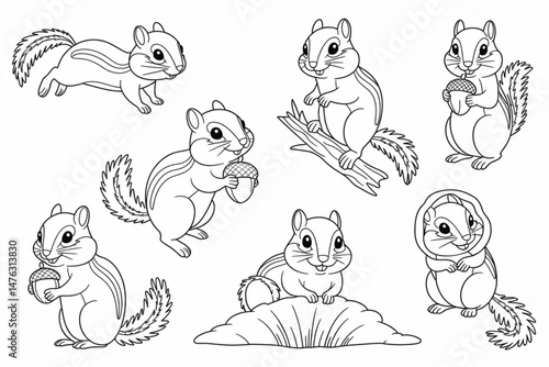 Cute Chipmunk Cartoon Vector Line Art Set for Coloring Pages and Educational Material for Kids
