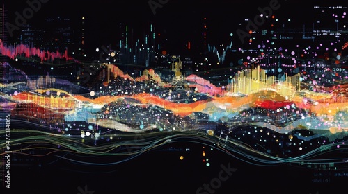 Abstract digital landscape with colorful waves, data points, and glowing lines on a black background.