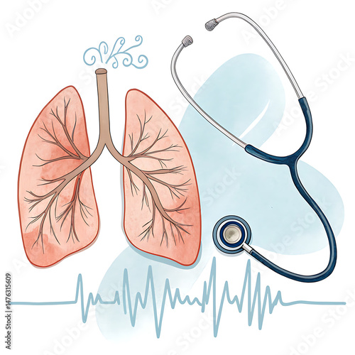 Abstract Watercolor Clipart Stethoscope and Healthy Lungs Illustration