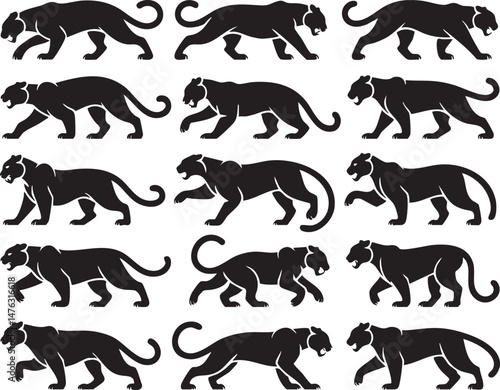 Fifteen panther silhouettes in various poses, big cat vector icons for wildlife branding, tattoo designs, sports mascots, predator illustrations, educational materials, and graphic design projects