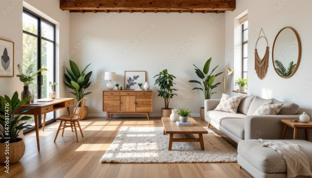 Fototapeta premium Modern and Cozy Living Room Interior with Plants, Soft Textiles, and Natural Light in Bright Atmosphere