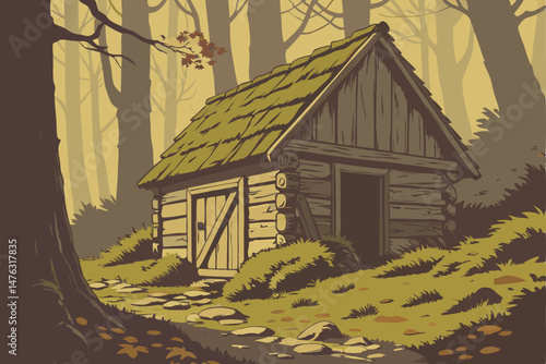 37 detailed wooden hut surrounded by moss and fallen autumn leaves, in a dense forest with warm, glowing lighting, highly detailed, realistic, cinematic, award winning photography