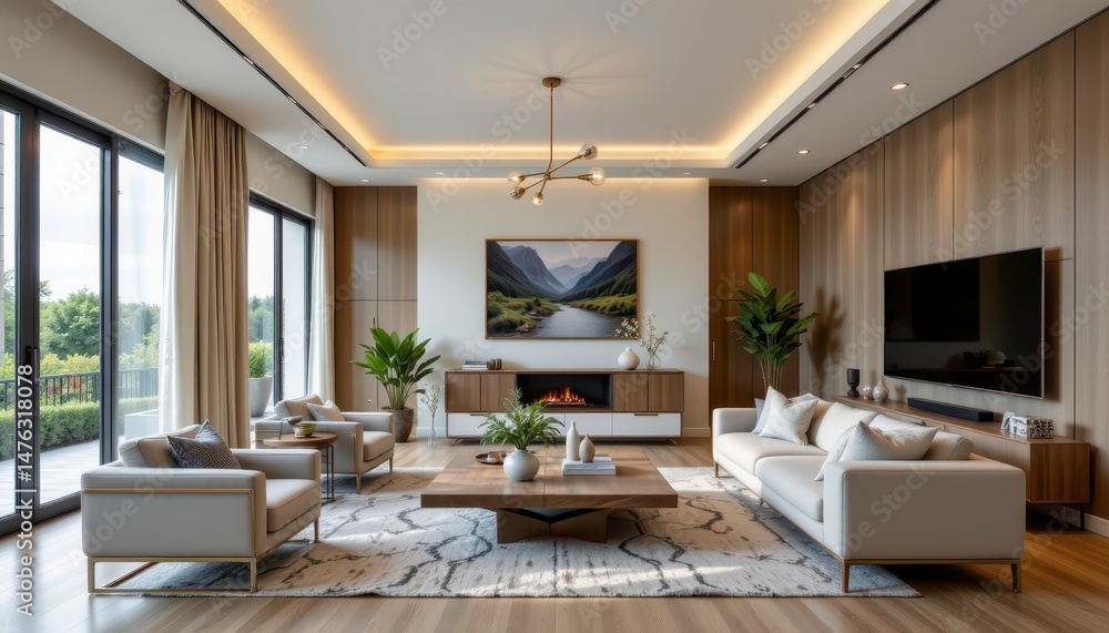 Fototapeta premium Modern and Stylish Living Room Interior with Nature Views and Elegant Design Elements