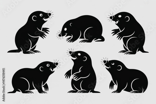 Stylized Mole Collection in Black Silhouette, Whimsical Animals on White, Minimalist Design, Garden Pest, Rodent Cartoon.